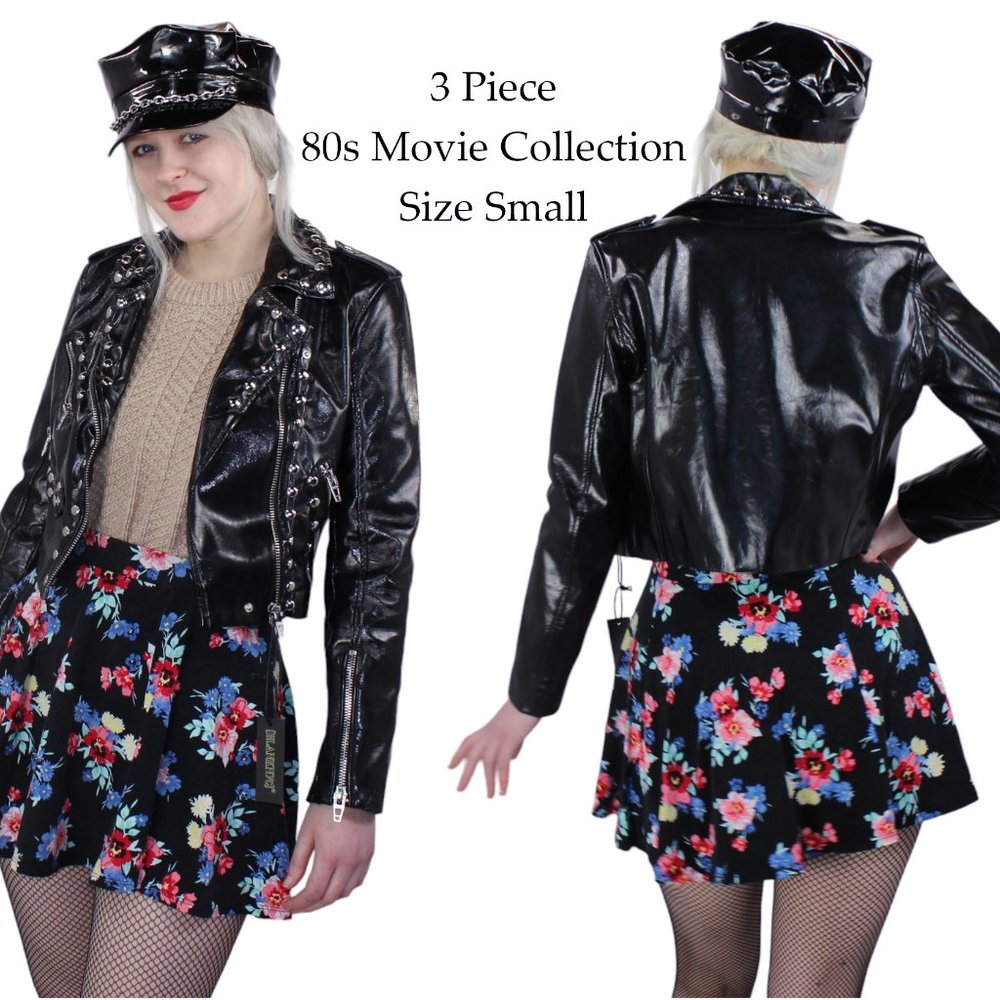 80s Movies Costume Collection 3 Piece Faux Leather Jacket, Cap & Skirt - SMALL